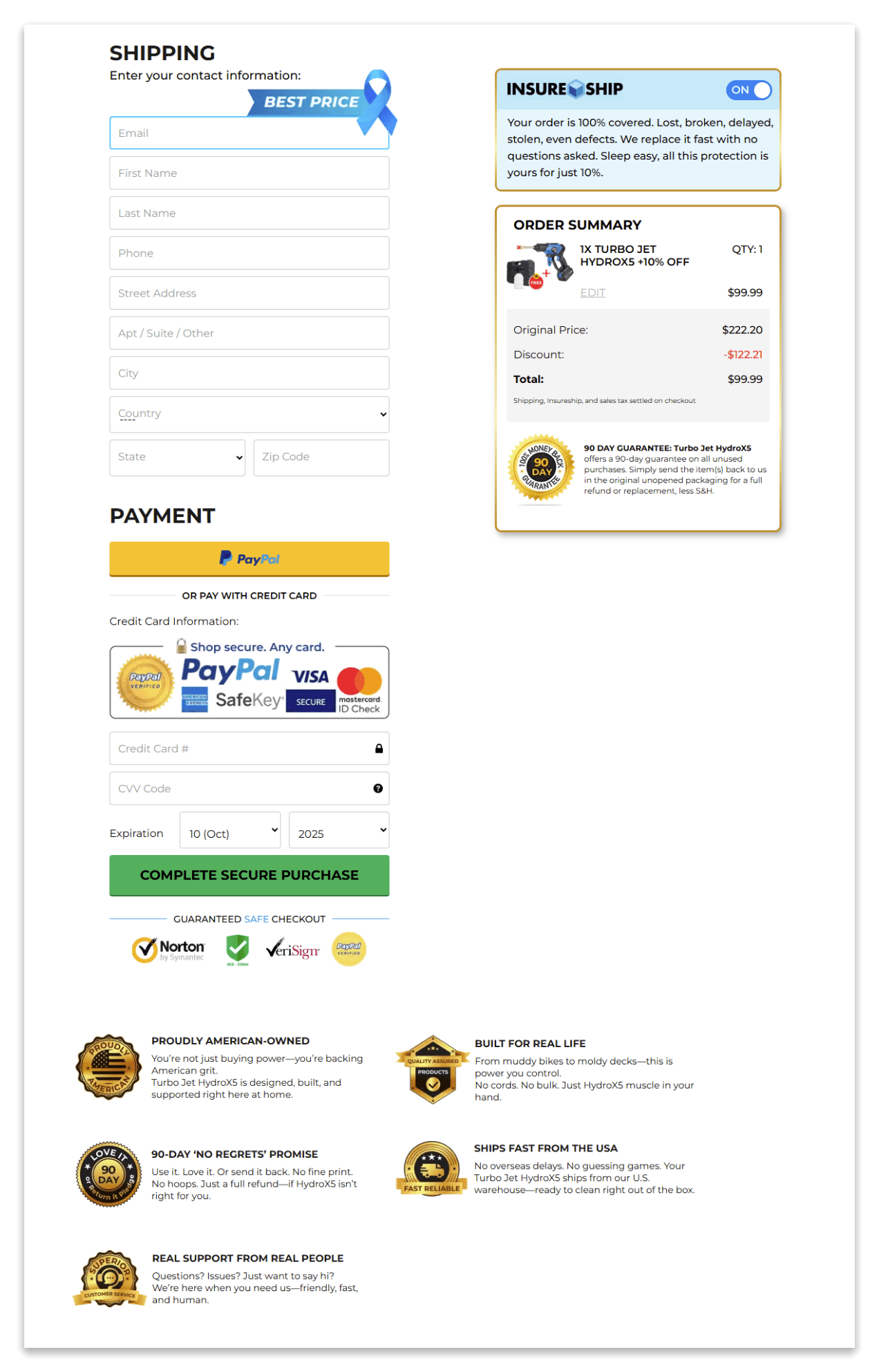 turbo jet HYDROX5 checkout page.